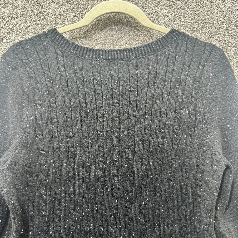 Talbots Pullover Sweater Women Large Black‎ Speckle CableKnit Stretch Cotton